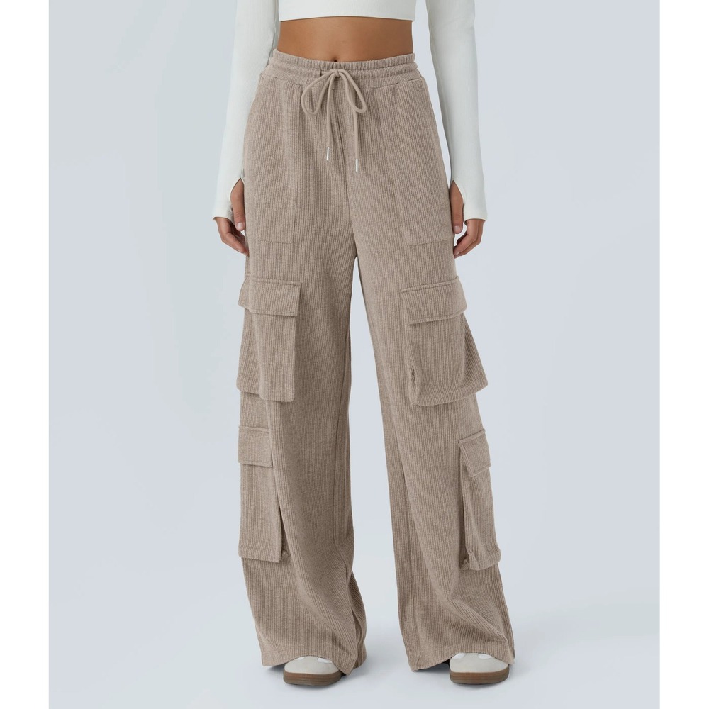 Halara Ribbed Mid Rise Drawstring Pockets Wide Leg Cargo Casual Pants XL